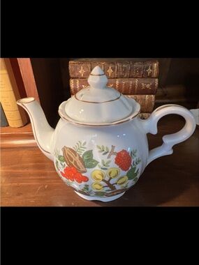 White Ceramic Teapot with Fruit Motif and Gold Trim